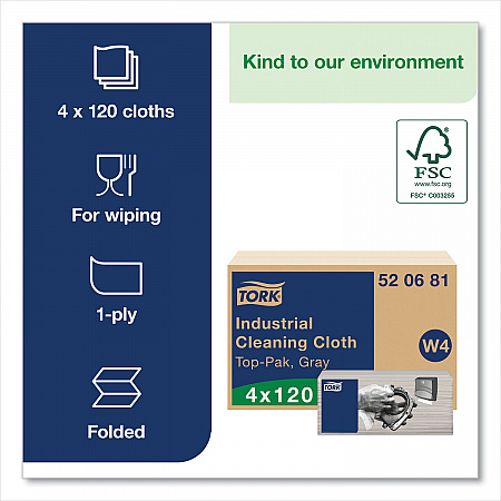 Industrial Cleaning Cloths, 1-Ply, 16.34 x 14, Gray, 120 Wipes/Pack, 4 Packs/Carton (520681)