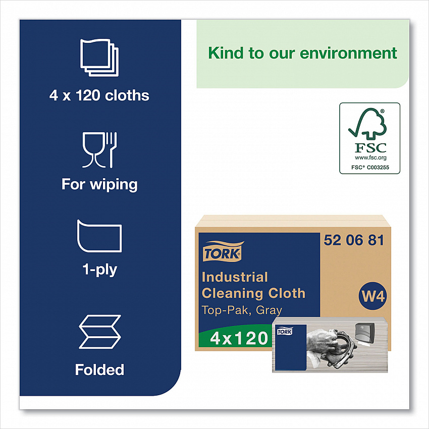 Industrial Cleaning Cloths, 1-Ply, 16.34 x 14, Gray, 120 Wipes/Pack, 4 Packs/Carton (520681)