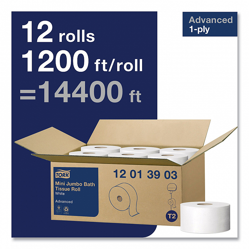 Advanced Jumbo Bath Tissue, Septic Safe, 1-Ply, 3.48" x 1,200 ft, White, 12 Rolls/Carton (12013903)