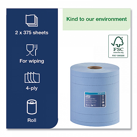 Industrial Paper Wiper, 4-Ply, 11 x 15.75, Unscented, Blue, 375 Wipes/Roll, 2 Rolls/Carton (13244101)