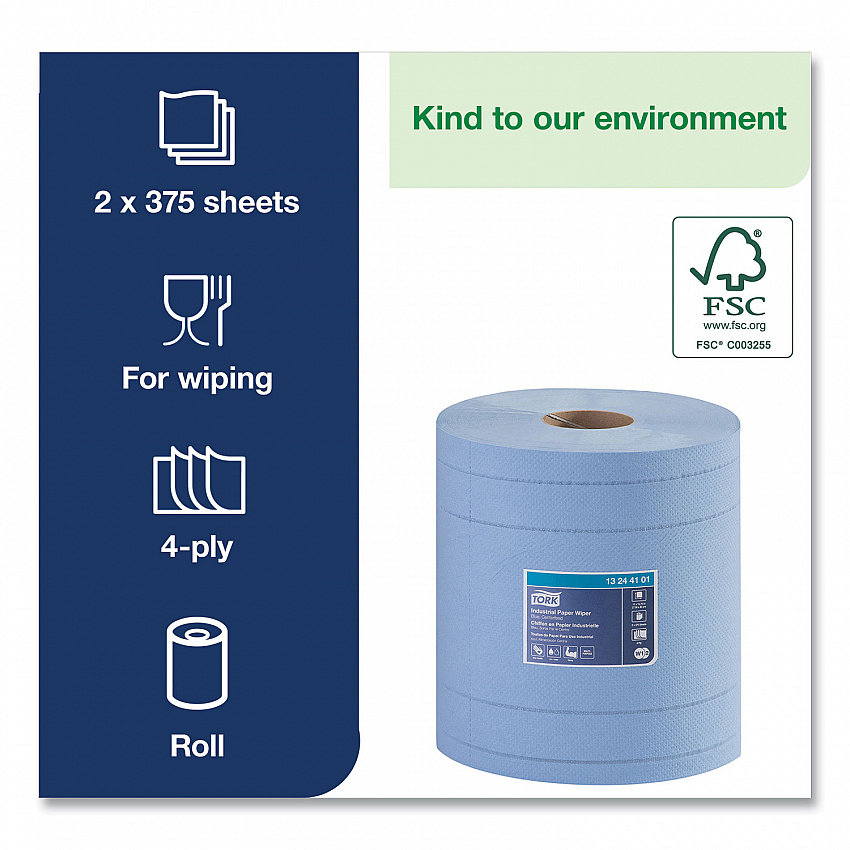 Industrial Paper Wiper, 4-Ply, 11 x 15.75, Unscented, Blue, 375 Wipes/Roll, 2 Rolls/Carton (13244101)
