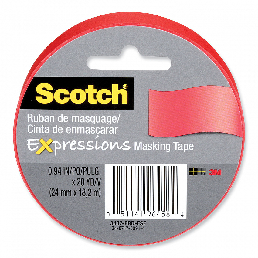 Expressions Masking Tape, 3" Core, 0.94" x 20 yds, Primary Red (3437PRD)