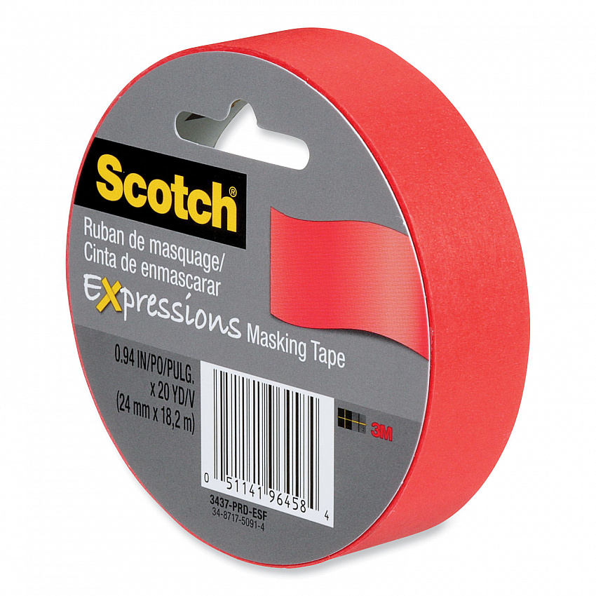 Expressions Masking Tape, 3" Core, 0.94" x 20 yds, Primary Red (3437PRD)