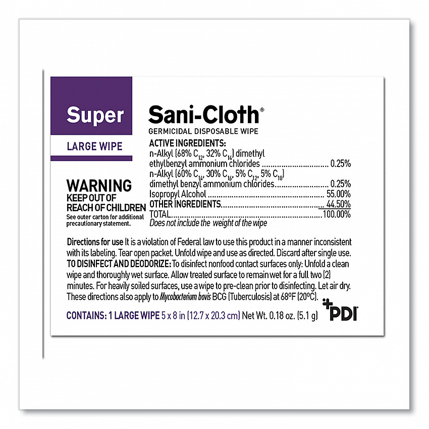 Super Sani-Cloth Individually Wrapped Germicidal Disposable Wipes, Large, 1-Ply, 5 x 8, Unscented, White, 50/Pack (H04082)