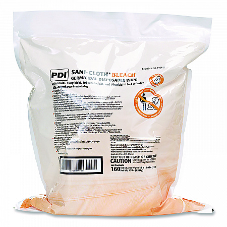 Sani-Cloth Bleach Germicidal Disposable Wipe Refill, 1-Ply, 7.5 x 15, Unscented, White, 160/Bag, 2 Bags/Carton (P700RF)