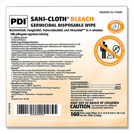 Sani-Cloth Bleach Germicidal Disposable Wipe Refill, 1-Ply, 7.5 x 15, Unscented, White, 160/Bag, 2 Bags/Carton (P700RF)