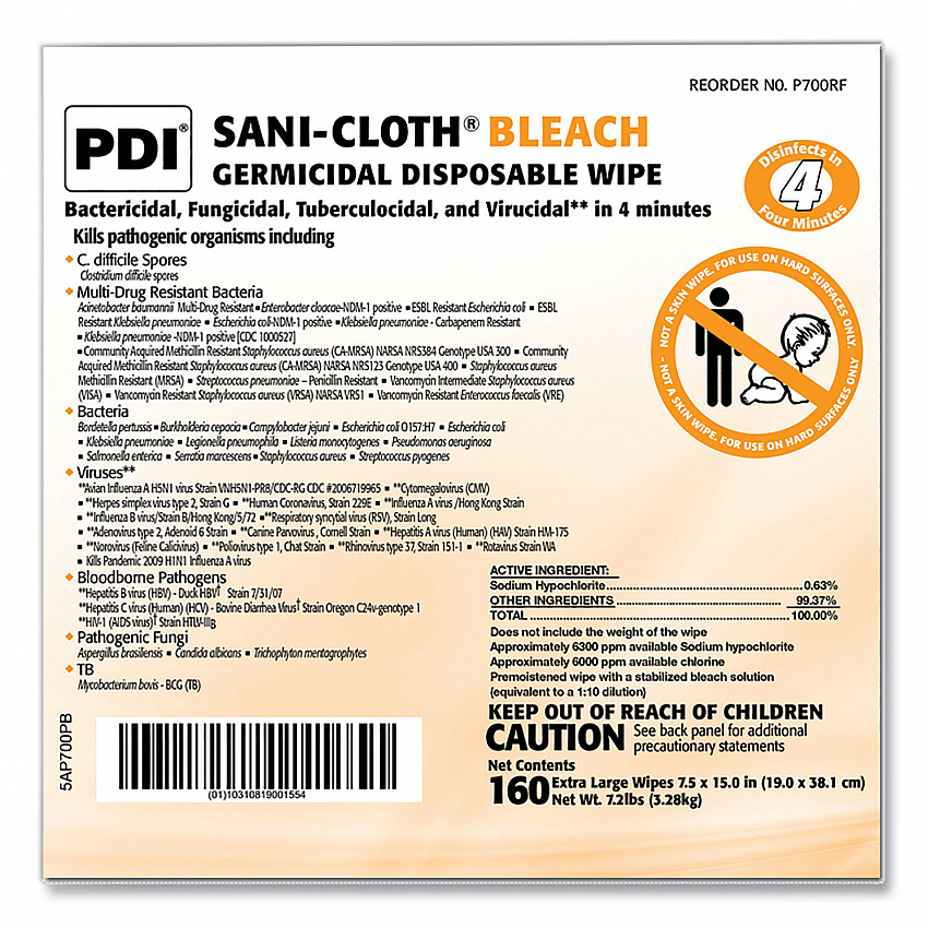 Sani-Cloth Bleach Germicidal Disposable Wipe Refill, 1-Ply, 7.5 x 15, Unscented, White, 160/Bag, 2 Bags/Carton (P700RF)
