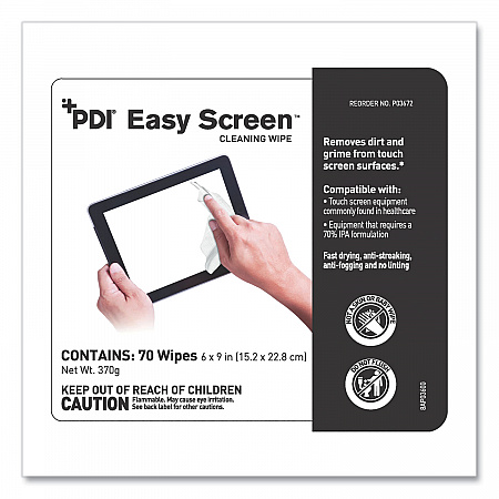 PDI Easy Screen Cleaning Wipes, 1-Ply, 9 x 6, Unscented, White, 70/Pack (P03672)