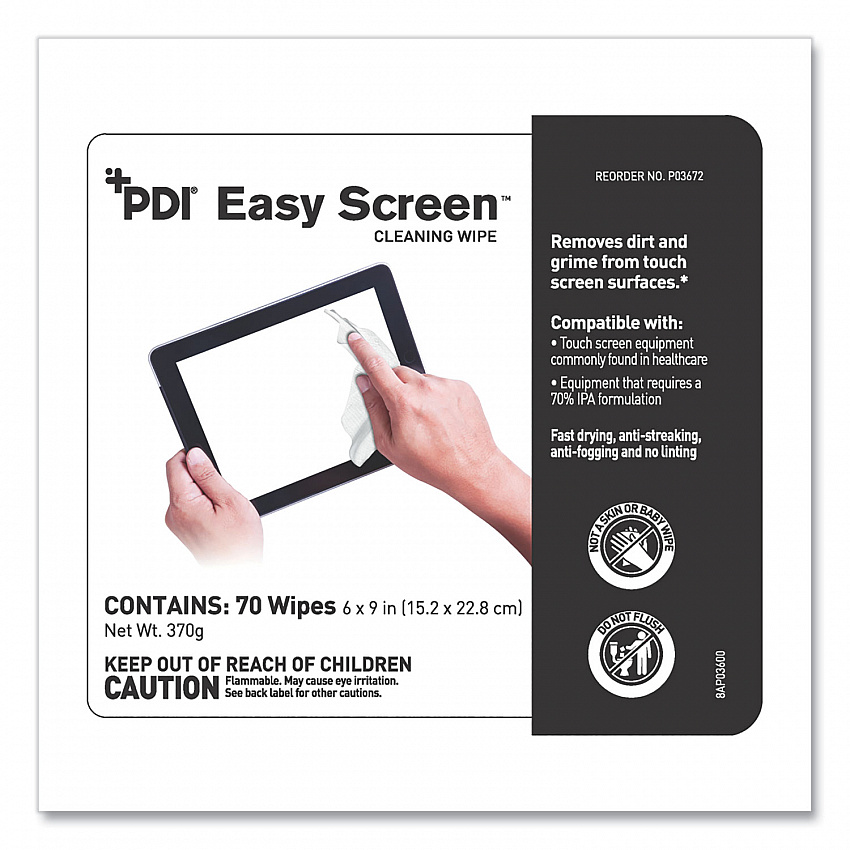 PDI Easy Screen Cleaning Wipes, 1-Ply, 9 x 6, Unscented, White, 70/Pack (P03672)