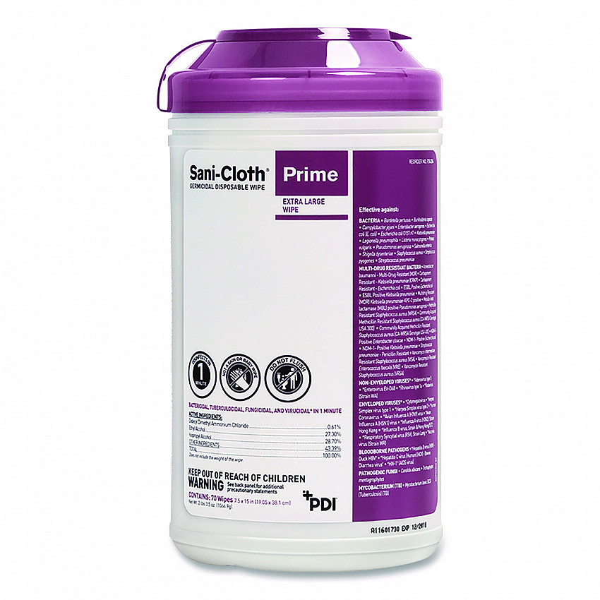 Sani-Cloth Prime Germicidal Disposable Wipes, Extra-Large, 1-Ply, 7.5 x 15, Unscented, White, 70/Canister, 6 Canisters/Carton (P24284)