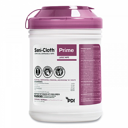 Sani-Cloth Prime Germicidal Disposable Wipes, Large, 1-Ply, 6 x 6.75, Unscented, White, 160/Canister, 12 Canisters/Carton (P25372)