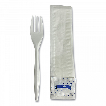 Three-Piece Utensil Set, Fork/Napkin/Salt, Plastic, White, 500/Carton (3KITMW)