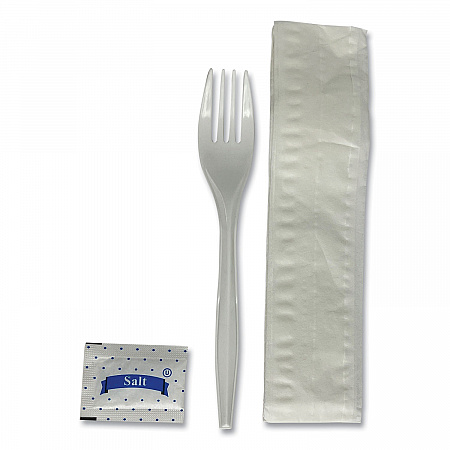 Three-Piece Utensil Set, Fork/Napkin/Salt, Plastic, White, 500/Carton (3KITMW)