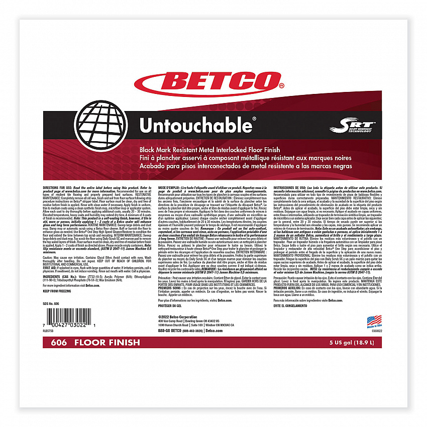 Untouchable Floor Finish with SRT, 5 gal Bag-in-Box (606B500)