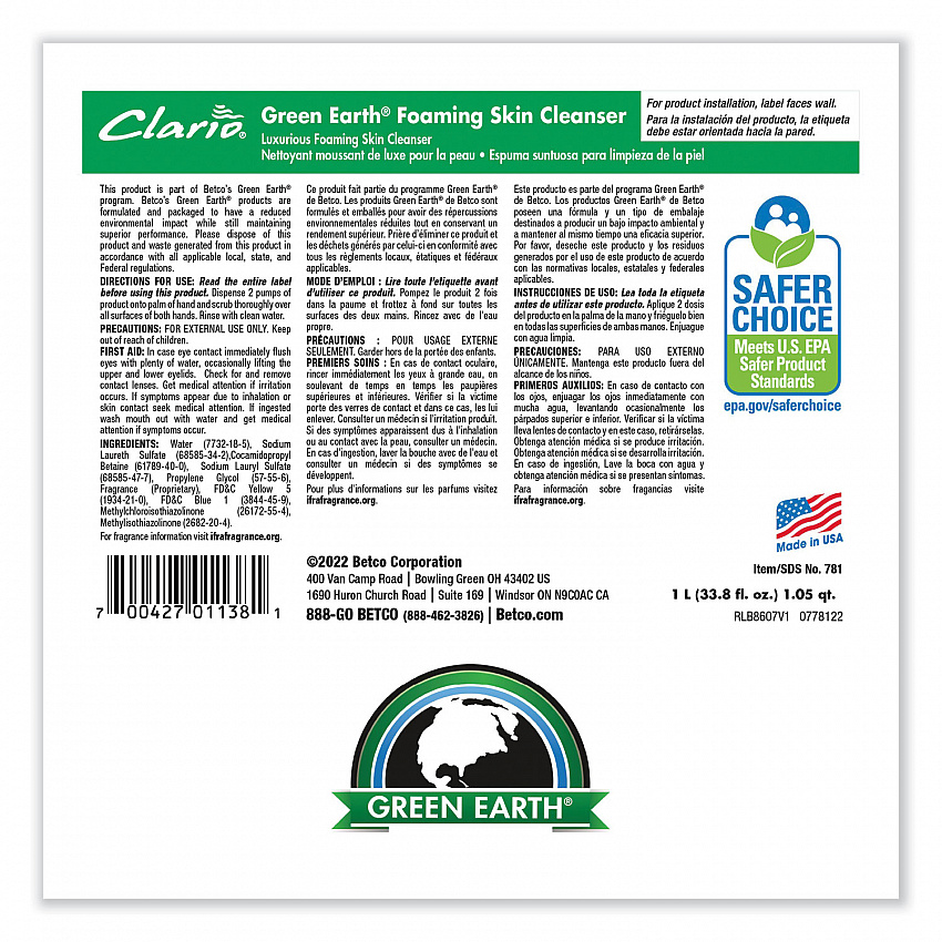 Green Earth Foaming Skin Cleanser Refill, Fresh Meadow Scent, 1,000 mL, 6/Carton (7812900)