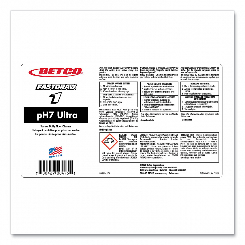 pH7 Ultra Neutral FastDraw Cleaner, Lemon Scent, 2 L Bottle, 4/Carton (1784700)