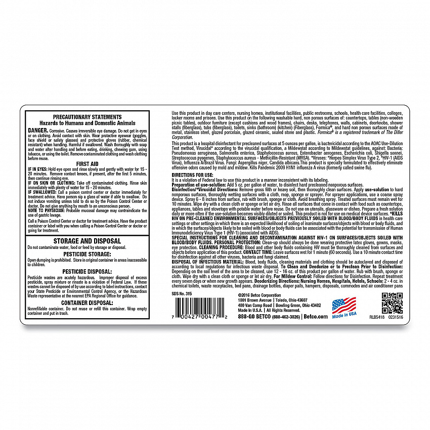 AF315 FastDraw Disinfectant Cleaner, Citrus Floral Scent, 2 L Bottle, 4/Carton (3154700)
