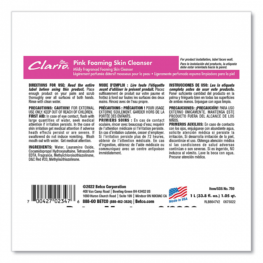Pink Foaming Skin Cleanser Refill, Fresh Scent, 1,000 mL, 6/Carton (7502900)