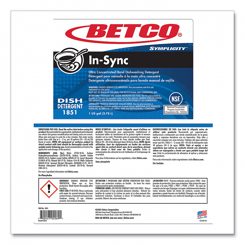 Symplicity In-Sync Premium Hand Dishwashing Detergent, Fresh Ozonic Scent, 1 gal Bottle, 4/Carton (18510400)