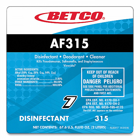 AF315 FastDraw Disinfectant Cleaner, Citrus Floral Scent, 2 L Bottle, 4/Carton (3154700)