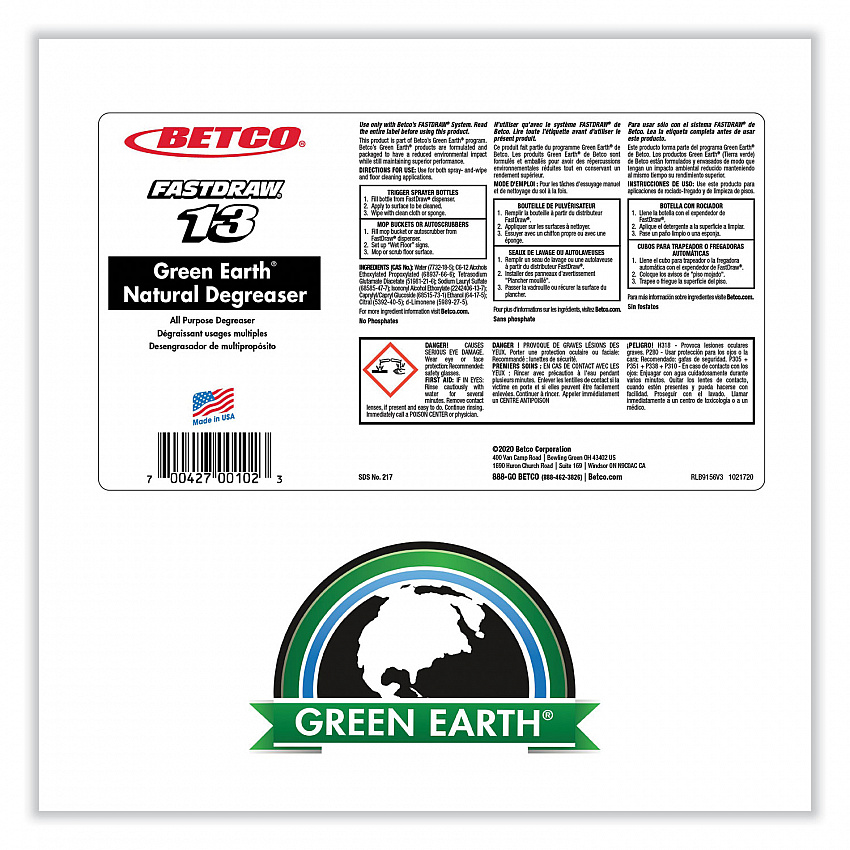 Green Earth Natural FastDraw Degreaser, 2 L Bottle, 4/Carton (2174700)