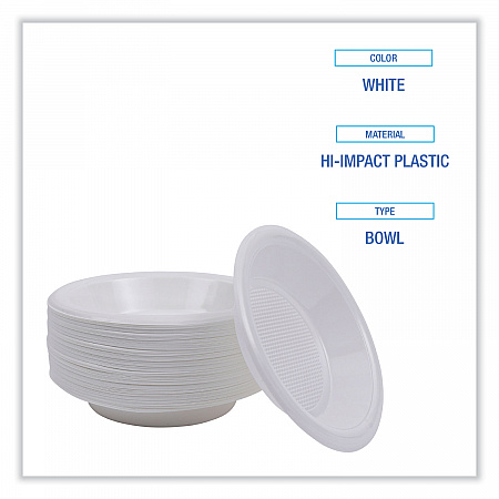 Hi-Impact Plastic Dinnerware, Bowl, 10 oz to 12 oz, White, 1,000/Carton (BOWLHIPS12WH)