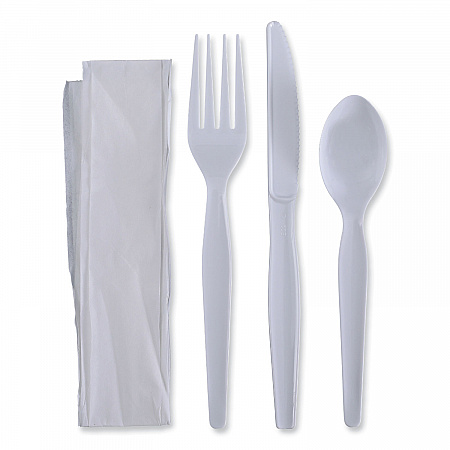 Four-Piece Cutlery Kit, Heavyweight, Fork/Knife/Napkin/Spoon, Plastic, White, 250/Carton (FKTNHWPSWH)
