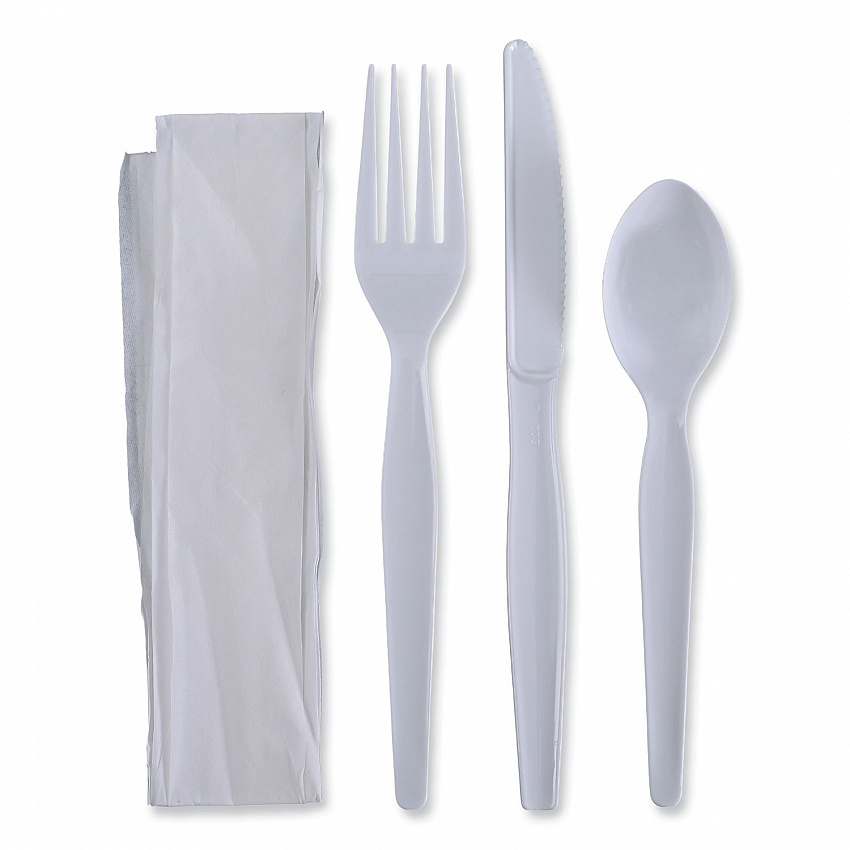 Four-Piece Cutlery Kit, Heavyweight, Fork/Knife/Napkin/Spoon, Plastic, White, 250/Carton (FKTNHWPSWH)