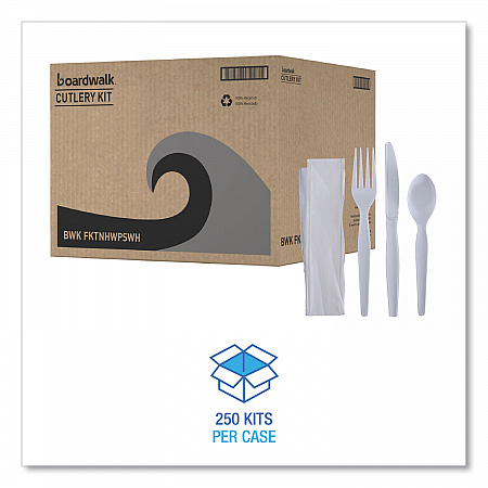 Four-Piece Cutlery Kit, Heavyweight, Fork/Knife/Napkin/Spoon, Plastic, White, 250/Carton (FKTNHWPSWH)