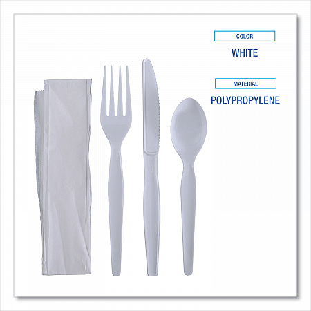 Four-Piece Cutlery Kit, Heavyweight, Fork/Knife/Napkin/Spoon, Plastic, White, 250/Carton (FKTNHWPSWH)