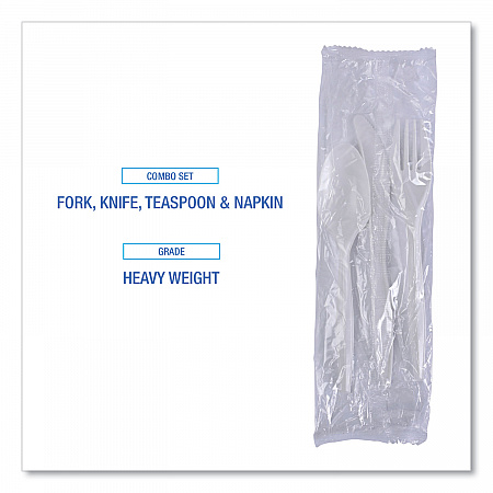 Four-Piece Cutlery Kit, Heavyweight, Fork/Knife/Napkin/Spoon, Plastic, White, 250/Carton (FKTNHWPSWH)