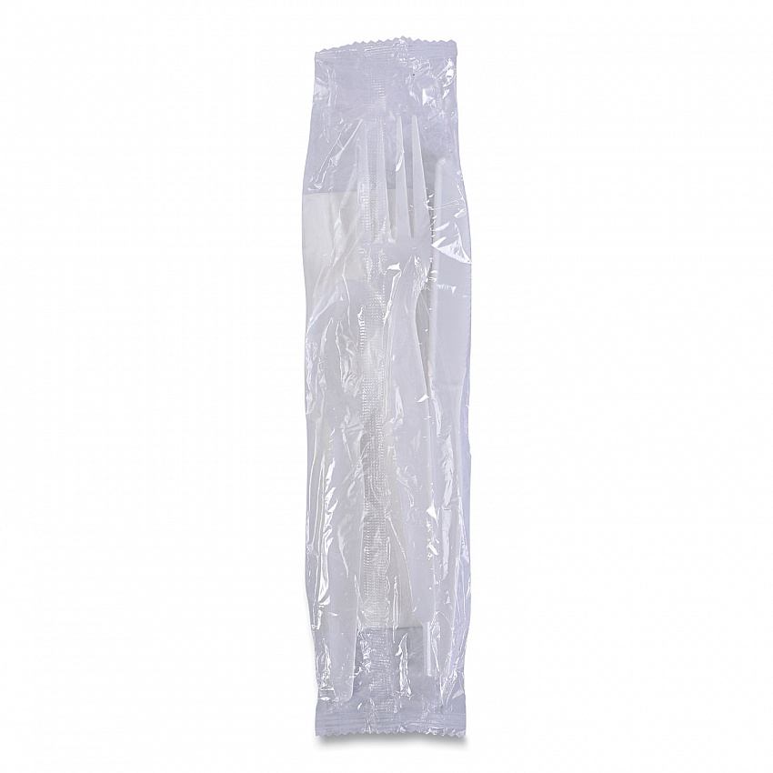 Four-Piece Cutlery Kit, Heavyweight, Fork/Knife/Napkin/Spoon, Plastic, White, 250/Carton (FKTNHWPSWH)