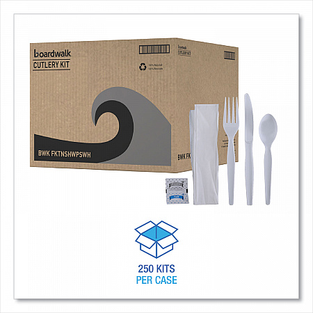 Six-Piece Cutlery Kit, Heavyweight, Fork/Knife/Napkin/Pepper/Salt/Spoon, Plastic, White, 250/Carton (FKTNSHWPSWH)