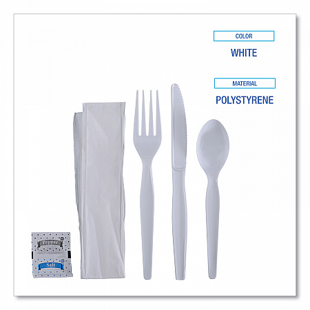 Six-Piece Cutlery Kit, Heavyweight, Fork/Knife/Napkin/Pepper/Salt/Spoon, Plastic, White, 250/Carton (FKTNSHWPSWH)