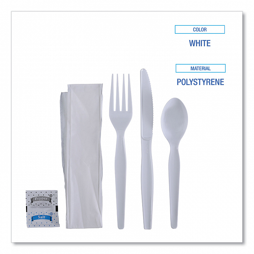 Six-Piece Cutlery Kit, Heavyweight, Fork/Knife/Napkin/Pepper/Salt/Spoon, Plastic, White, 250/Carton (FKTNSHWPSWH)
