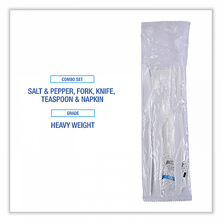 Six-Piece Cutlery Kit, Heavyweight, Fork/Knife/Napkin/Pepper/Salt/Spoon, Plastic, White, 250/Carton (FKTNSHWPSWH)