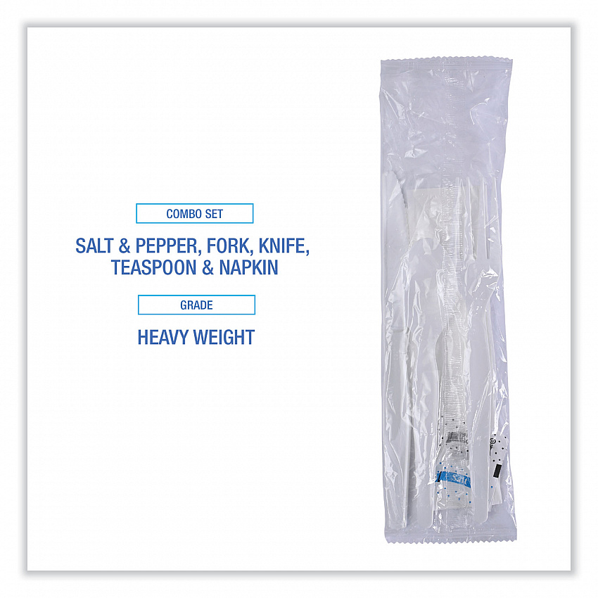 Six-Piece Cutlery Kit, Heavyweight, Fork/Knife/Napkin/Pepper/Salt/Spoon, Plastic, White, 250/Carton (FKTNSHWPSWH)