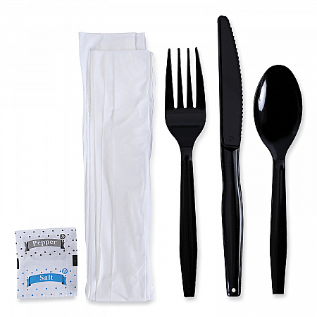 Six-Piece Cutlery Kit, Mediumweight, Fork/Knife/Napkin/Pepper/Salt/Spoon, Plastic, Black, 250/Carton (FKTNSMWPSBLA)