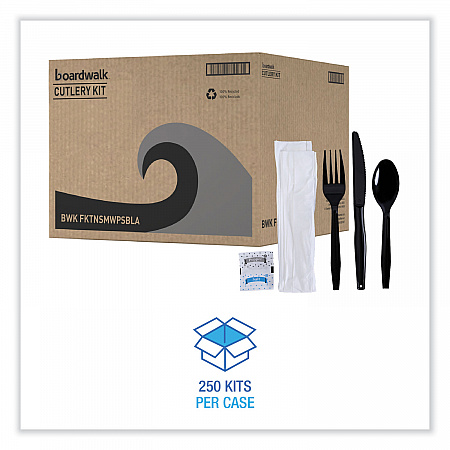 Six-Piece Cutlery Kit, Mediumweight, Fork/Knife/Napkin/Pepper/Salt/Spoon, Plastic, Black, 250/Carton (FKTNSMWPSBLA)