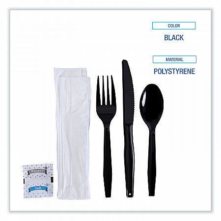 Six-Piece Cutlery Kit, Mediumweight, Fork/Knife/Napkin/Pepper/Salt/Spoon, Plastic, Black, 250/Carton (FKTNSMWPSBLA)