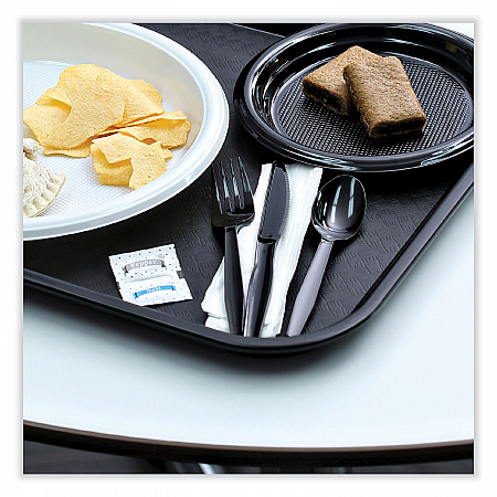 Six-Piece Cutlery Kit, Mediumweight, Fork/Knife/Napkin/Pepper/Salt/Spoon, Plastic, Black, 250/Carton (FKTNSMWPSBLA)