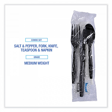 Six-Piece Cutlery Kit, Mediumweight, Fork/Knife/Napkin/Pepper/Salt/Spoon, Plastic, Black, 250/Carton (FKTNSMWPSBLA)