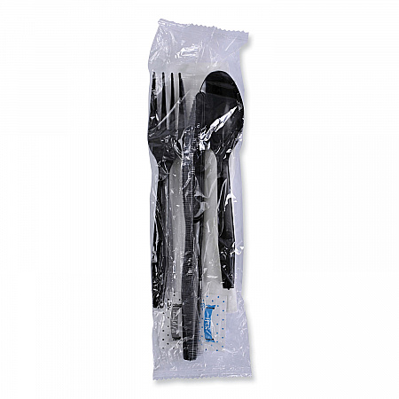 Six-Piece Cutlery Kit, Mediumweight, Fork/Knife/Napkin/Pepper/Salt/Spoon, Plastic, Black, 250/Carton (FKTNSMWPSBLA)
