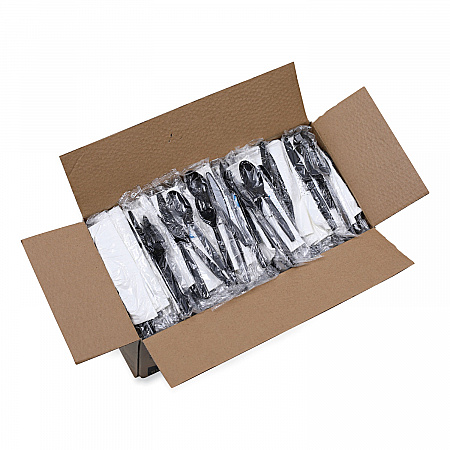 Six-Piece Cutlery Kit, Mediumweight, Fork/Knife/Napkin/Pepper/Salt/Spoon, Plastic, Black, 250/Carton (FKTNSMWPSBLA)
