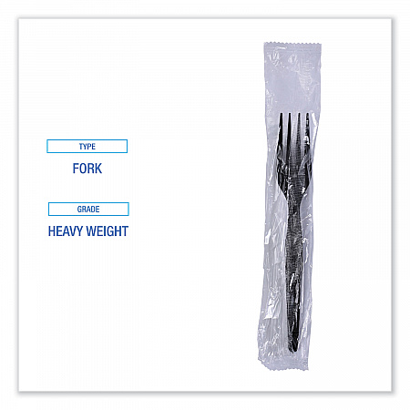 Heavyweight Wrapped Polystyrene Cutlery, Fork, Plastic, Black, 1,000/Carton (FORKHWPSBIW)