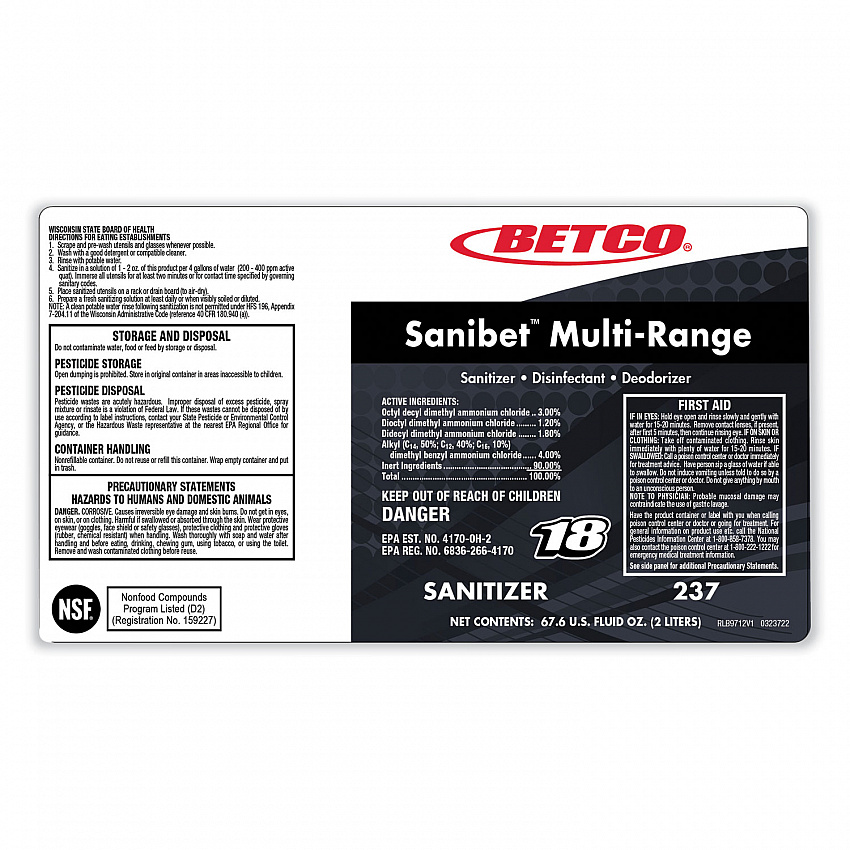 Symplicity Sanibet Multi-Range Sanitizer Disinfectant Deodorizer, 1 gal Bottle, 4/Carton (2370400)