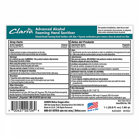 Clario C3 Advanced Alcohol Foaming Sanitizer, 1,000 mL Bag, Citrus Scent, 6/Carton (7952900)