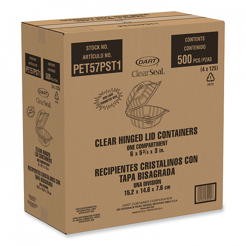 ClearSeal Hinged-Lid Plastic Containers, 5.86 x 3.11, Clear, Plastic, 500/Carton (PET57PST1)