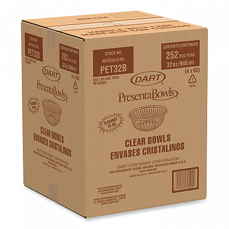 PresentaBowls Clear Bowls, 32 oz, Plastic, 63/Bag, 4 Bags/Carton, 252 Bowls/Carton (PET32B)
