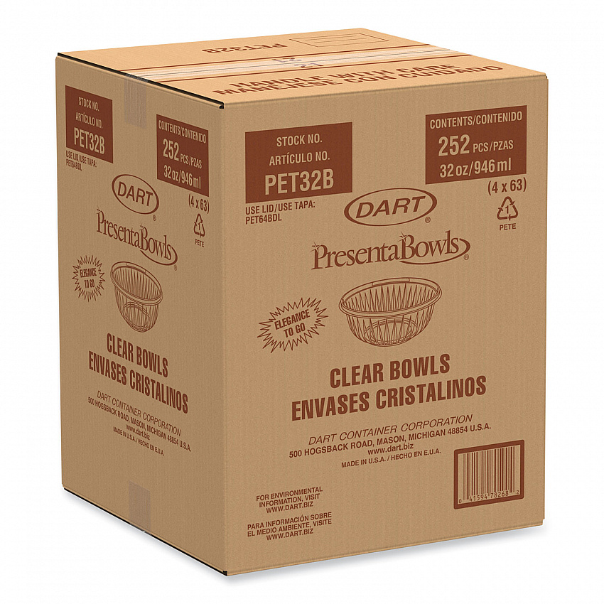 PresentaBowls Clear Bowls, 32 oz, Plastic, 63/Bag, 4 Bags/Carton, 252 Bowls/Carton (PET32B)